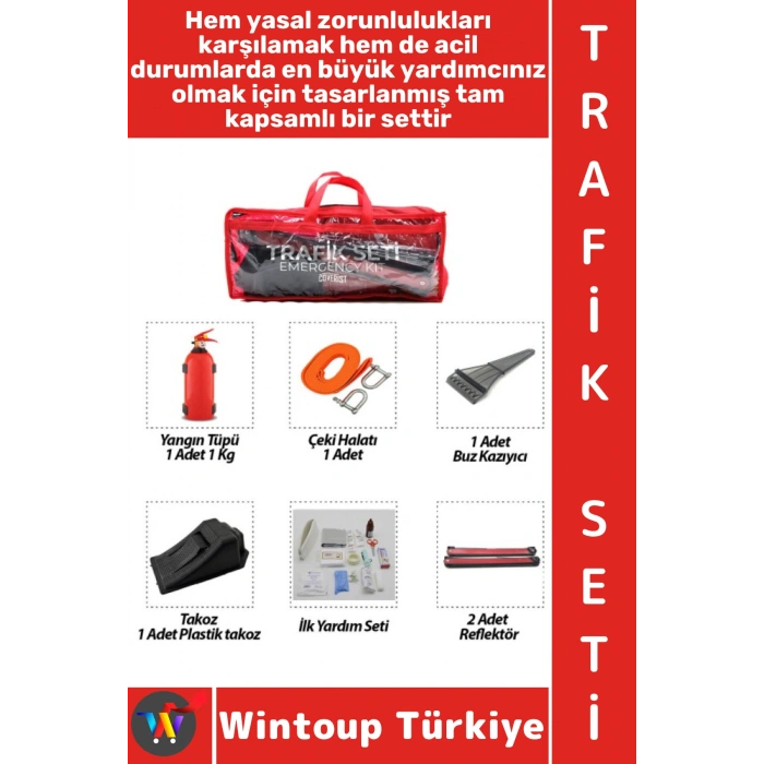 #TrafikSeti Tüvtürk Uyumlu Acil Durum Yangın Tüpü Reflektör Buz Kazıyıcı Takoz Araç Çeki Halatı 38 Parça Tam Kapsamlı Pratik Taşıma Çantalı Trafik İlk Yardım Seti