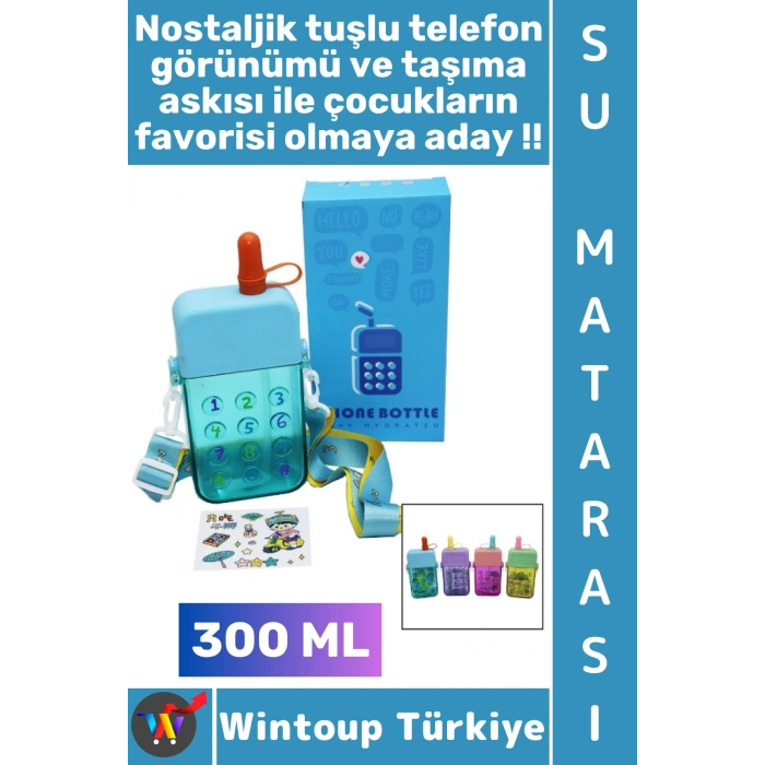 #Suluk Sağlıklı Dayanıklı Mika Gündelik Okul Spor Park Nostaljik Su Matarası İlgi Çekici Tuşlu Telefon Tasarımlı Pipetli Pratik Taşıma Askılı Renkli Çocuk Suluk Matara 300 ML