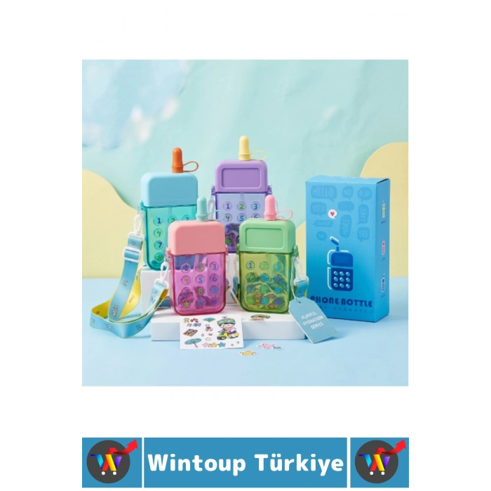 #Suluk Sağlıklı Dayanıklı Mika Gündelik Okul Spor Park Nostaljik Su Matarası İlgi Çekici Tuşlu Telefon Tasarımlı Pipetli Pratik Taşıma Askılı Renkli Çocuk Suluk Matara 300 ML