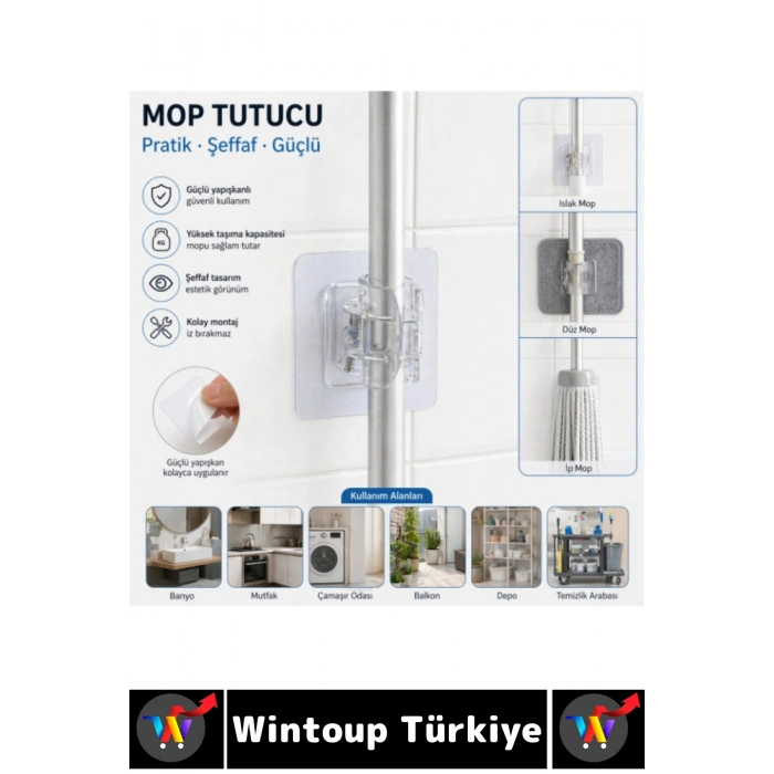 #Askı Kendinden Yapışkanlı Mutfak Banyo Masa Üstü Araç İçi Şeffaf Estetik Çok Amaçlı Yaylı Kıskaçlı Mekanizma Kablo Mop Tutucu 1 Adet