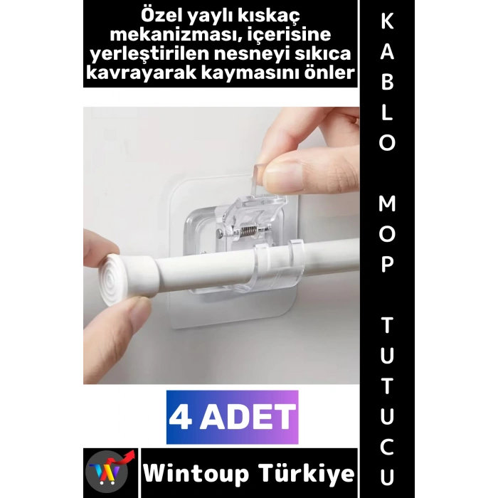 #Askı Kendinden Yapışkanlı Mutfak Banyo Masa Üstü Araç İçi Şeffaf Estetik Çok Amaçlı Yaylı Kıskaçlı Mekanizma Kablo Mop Tutucu 4 Adet
