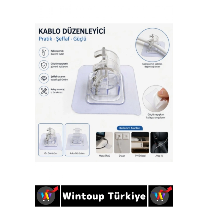 #Askı Kendinden Yapışkanlı Mutfak Banyo Masa Üstü Araç İçi Şeffaf Estetik Çok Amaçlı Yaylı Kıskaçlı Mekanizma Kablo Mop Tutucu 4 Adet