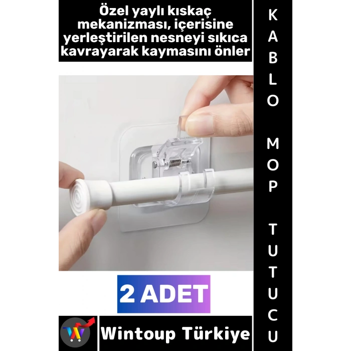 #Askı Kendinden Yapışkanlı Mutfak Banyo Masa Üstü Araç İçi Şeffaf Estetik Çok Amaçlı Yaylı Kıskaçlı Mekanizma Kablo Mop Tutucu 2 Adet