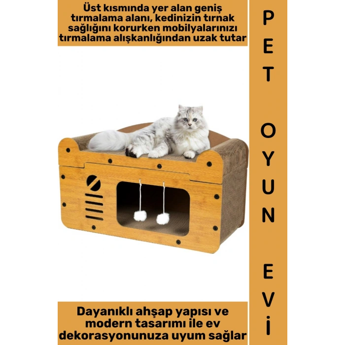 #OyunEvi Evcil Hayvan İlgi Çekici Peluş Toplu Uyku Yuvası Dinlenme Alanı Modern Estetik Ahşap Tek Katlı Tırmalamalı Küçük Irk Köpek Kedi Oyun Evi