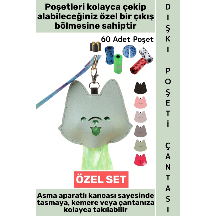 #KöpekTuvalet Evcil Hayvan Sevimli Figürlü Poşet Çıkış Bölmeli Tasma Bel Kemeri Sırt Çantası Kancalı Asma Aparatlı Hijyenik Kedi Köpek Dışkı Poşeti Taşıma Çantası 60 Adet Poşet Hediyeli