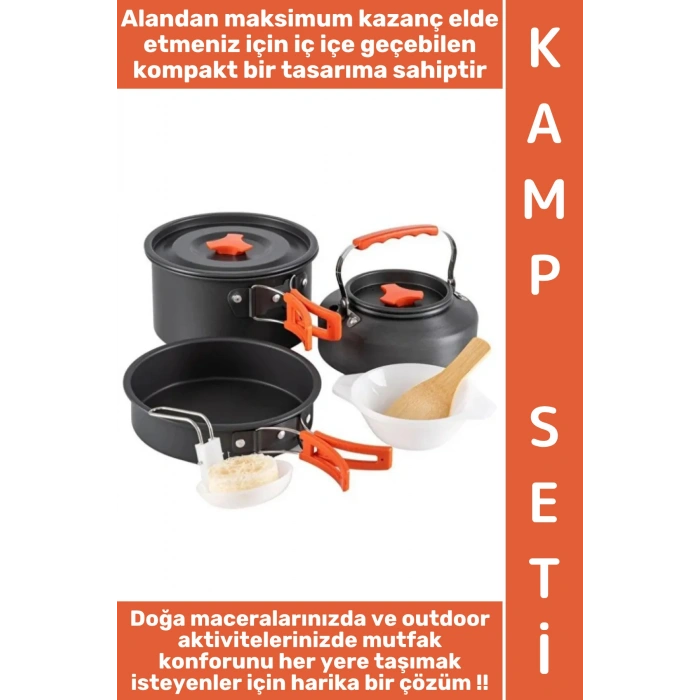 #Kamp Premium Kamp Piknik Dağcılık Outdoor Yemek Pişirme İç İçe Geçebilir Kompakt Isı Yalıtımlı Kolay Temizlenir Servis Kasesi Kepçe Spatula Sünger Tam Dolu Paket Tencere Tava Çaydanlık 3lü Özel Set