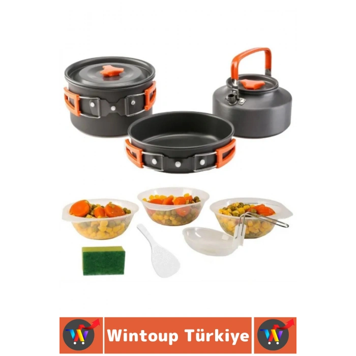 #Kamp Premium Kamp Piknik Dağcılık Outdoor Yemek Pişirme İç İçe Geçebilir Kompakt Isı Yalıtımlı Kolay Temizlenir Servis Kasesi Kepçe Spatula Sünger Tam Dolu Paket Tencere Tava Çaydanlık 3lü Özel Set