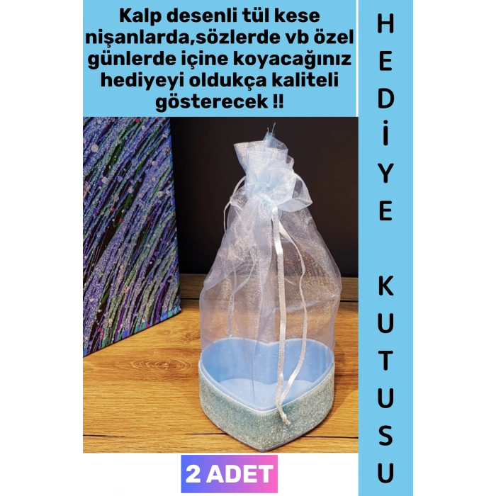 #Hediye Dekoratif Düğün Nişan Söz Kına Eş Nişanlı Sevgililer Günü Hediye Kutusu Çok Şık Simli Kalpli Kutu Mavi Tül Kese 2 Adet