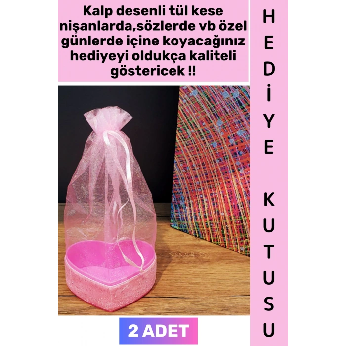 #Hediye Dekoratif Düğün Nişan Söz Kına Eş Nişanlı Sevgililer Günü Hediye Kutusu Çok Şık Simli Kalpli Kutu Pembe Tül Kese 2 Adet