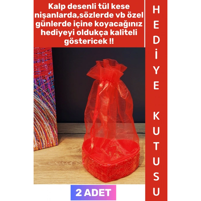 #Hediye Dekoratif Düğün Nişan Söz Kına Eş Nişanlı Sevgililer Günü Hediye Kutusu Çok Şık Simli Kalpli Kutu Kırmızı Tül Kese 2 Adet