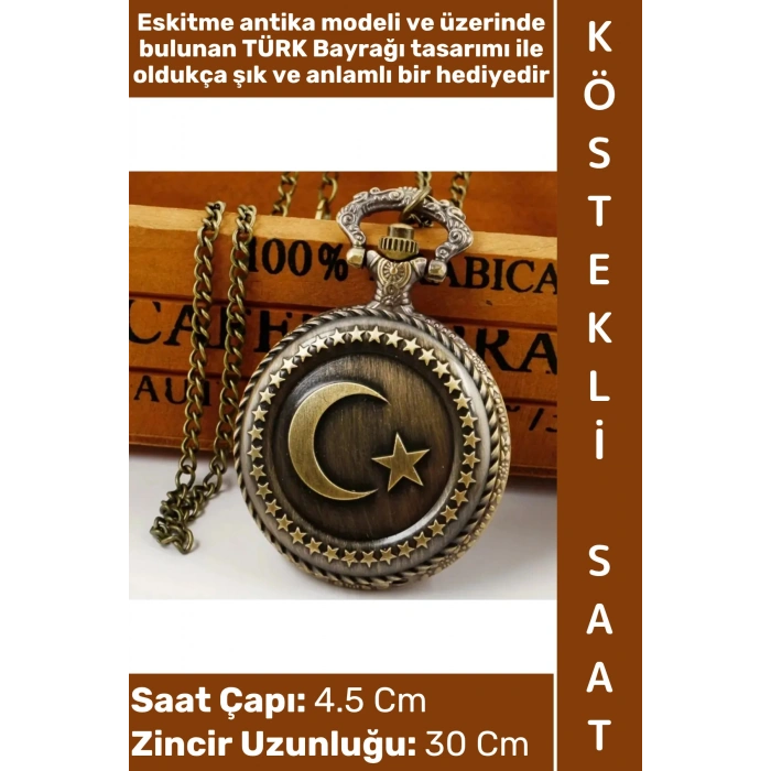 #Saat Dekoratif Babalar Öğretmenler Günü Sevgili Eş Nişanlıya Özel Anlamlı Hediye Boyun Odaya Asma Zincirli Cep Boy Çok Şık Eskitme Antika Görünümlü Türk Bayraklı Şık Kutulu Köstekli Saat