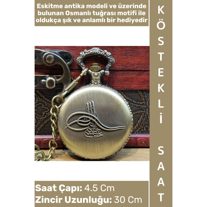 #Saat Dekoratif Babalar Öğretmenler Günü Sevgili Eş Nişanlıya Özel Anlamlı Hediye Boyun Odaya Asma Zincirli Cep Boy Çok Şık Eskitme Antika Görünümlü Osmanlı Tuğrası Motifli Şık Kutulu Köstekli Saat