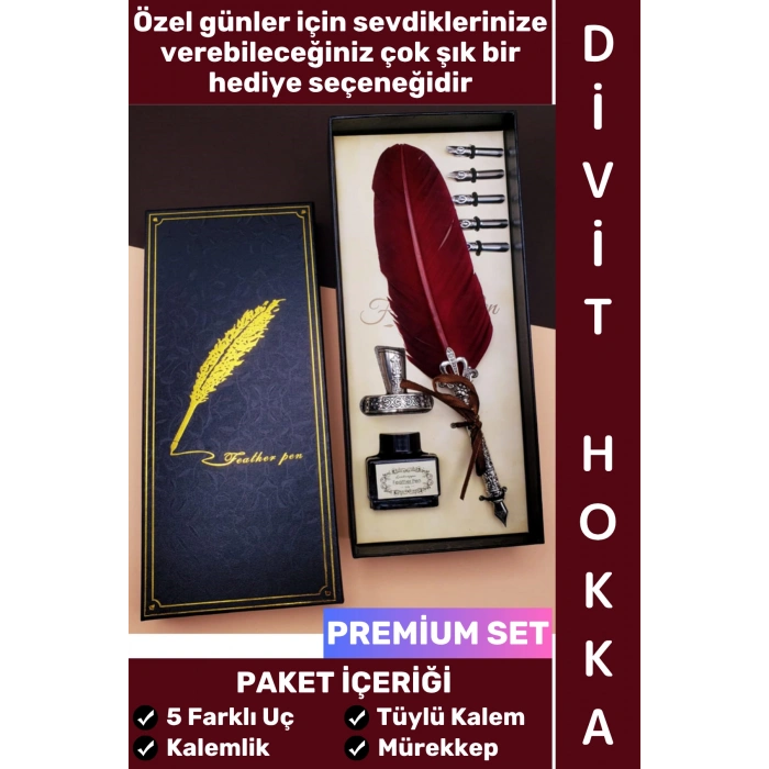 #Hediye Öğretmen Sevgili Eş Nişanlı Arkadaş Babalar Anneler Günü Okul Yıl Sonu Nostaljik Hediyelik Günlük Anı Not Hatıra Şık Kutulu Mürekkep 5 Farklı Uç Tüylü Kalem Divit Hokka Özel Premium Set