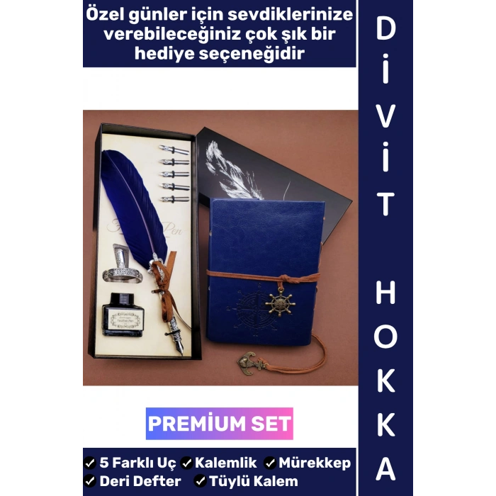 #Hediye Nostaljik Nişanlı Sevgili Eş Babalar Anneler Öğretmenler Günü Okul Yıl Sonu Dekoratif Hediyelik Eskitme Deri Defterli Şık Özel Kutulu Mürekkep 5 Farklı Uç Tüylü Kalem Divit Hokka Premium Set