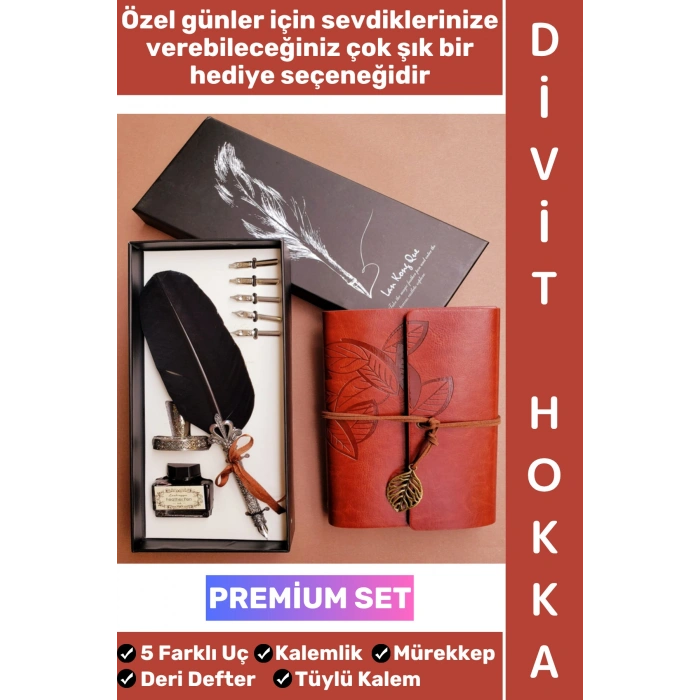 #Hediye Nostaljik Öğretmen Sevgili Eş Nişanlı Arkadaş Babalar Anneler Günü Okul Yıl Sonu Hediyelik Eskitme Deri Defterli Çok Şık Özel Kutulu Mürekkep 5 Farklı Uç Tüylü Kalem Divit Hokka Premium Set