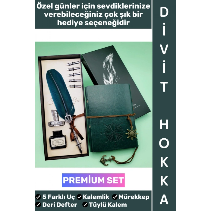 #Hediye Sevgili Eş Nişanlı Arkadaş Okul Yıl Sonu Babalar Anneler Öğretmenler Günü Nostaljik Hediyelik Eskitme Deri Defterli Çok Şık Kutulu Mürekkep 5 Farklı Uç Tüylü Kalem Divit Hokka Özel Premium Set