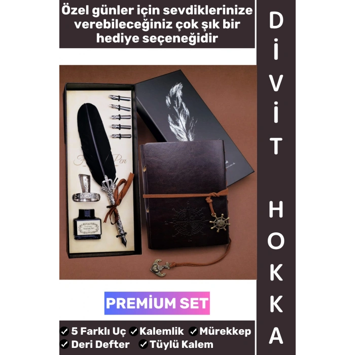 #Hediye Dekoratif Sevgili Eş Nişanlı Arkadaş Babalar Anneler Öğretmenler Günü Okul Hediyelik Nostaljik Eskitme Deri Defterli Şık Özel Kutulu Mürekkep 5 Farklı Uç Tüylü Kalem Divit Hokka Premium Set