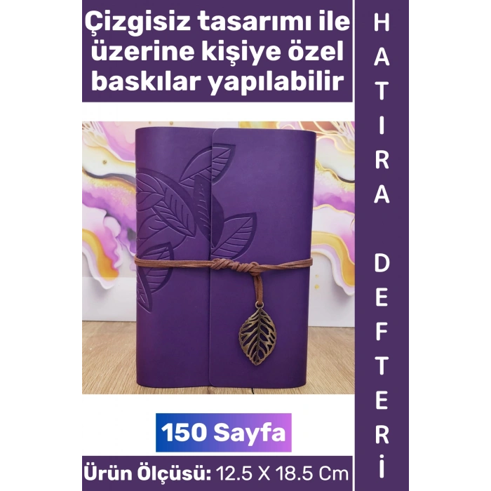 #Defter Okul Ofis Günlük Not Ajanda Hatıra Anı Tutma Eş Sevgili Anneler Babalar Öğretmenler Günü Çok Şık Dekoratif Hediyelik Yaprak Tasarımlı Çizgisiz Mor Deri Defter