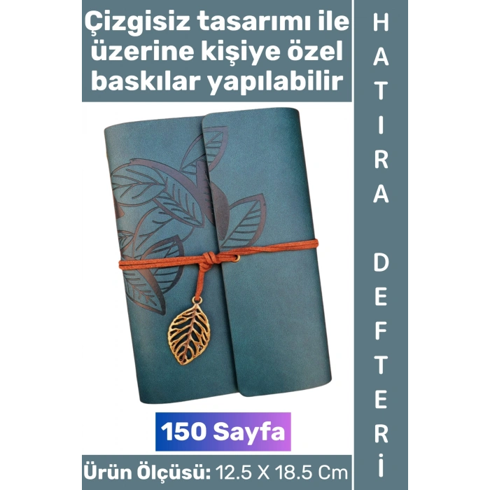 #Defter Okul Ofis Günlük Not Ajanda Hatıra Anı Tutma Eş Sevgili Anneler Babalar Öğretmenler Günü Çok Şık Dekoratif Hediyelik Yaprak Tasarımlı Çizgisiz Mavi Deri Defter