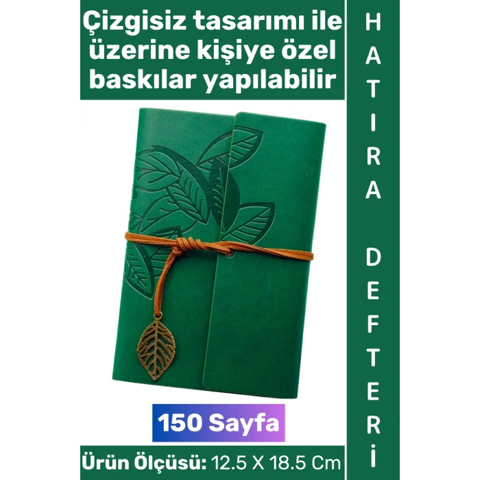 #Defter Okul Ofis Günlük Not Ajanda Hatıra Anı Tutma Eş Sevgili Anneler Babalar Öğretmenler Günü Çok Şık Dekoratif Hediyelik Yaprak Tasarımlı Çizgisiz Yeşil Deri Defter