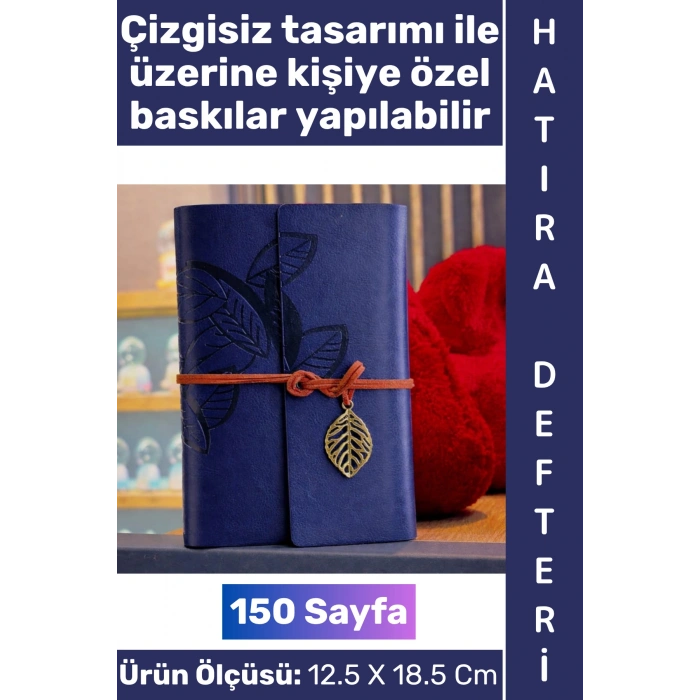 #Defter Okul Ofis Günlük Not Ajanda Hatıra Anı Tutma Eş Sevgili Anneler Babalar Öğretmenler Günü Çok Şık Dekoratif Hediyelik Yaprak Tasarımlı Çizgisiz Lacivert Deri Defter