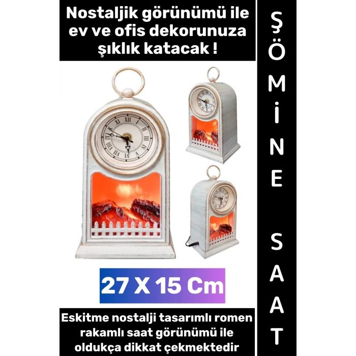 #LedAydınlatma Dekoratif Ev Ofis Hediyelik Klasik Romen Rakamı Saat Tasarımı Nostaljik Retro Modern Estetik Çok Şık Eskitme Görünümlü Led Işıklı Alev Efektli Şömine 27 X 15 Cm