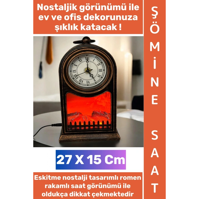 #LedAydınlatma Dekoratif Ev Ofis Hediyelik Klasik Romen Rakamı Saat Tasarımı Nostaljik Retro Çok Şık Modern Estetik Eskitme Görünümlü Led Işıklı Alev Efektli Şömine 27 X 15 Cm