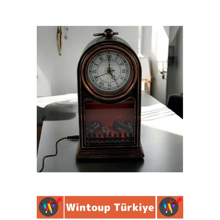 #LedAydınlatma Dekoratif Ev Ofis Hediyelik Klasik Romen Rakamı Saat Tasarımı Nostaljik Retro Çok Şık Modern Estetik Eskitme Görünümlü Led Işıklı Alev Efektli Şömine 27 X 15 Cm