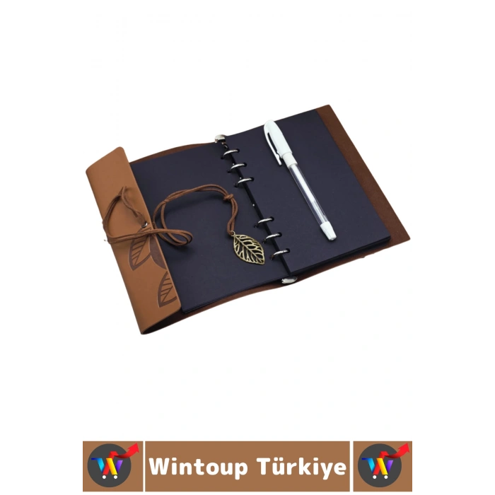 #Defter Okul Ders Ofis Günlük Not Ajanda Hatıra Anı Tutma Eş Sevgili Anneler Babalar Öğretmenler Günü Dekoratif Çok Şık Hediyelik Siyah Yapraklı Beyaz Jel Yazı Kalemli Deri Defter Premium Set
