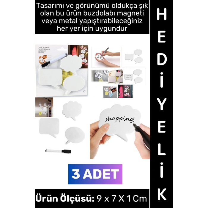 #Hediyelik Dekoratif Hediyelik Kişiye Özel Anlamlı Mesaj Gündelik Not Buzdolabı Metal Yüzeye Yapıştırılabilir Yazı Kalemli Konuşma Balonu Tasarımlı Mıknatıslı Magnet 3 Adet