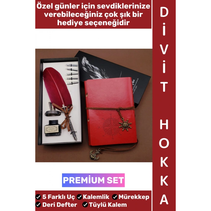 #Hediye Nişanlı Sevgili Eş Arkadaş Babalar Anneler Öğretmenler Günü Okul Yıl Sonu Dekoratif Hediyelik Eskitme Deri Defterli Çok Şık Özel Kutulu Mürekkep 5 Farklı Uç Tüylü Kalem Divit Hokka Premium Set