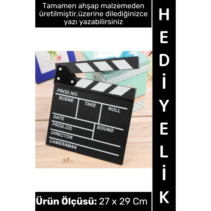 #Sinema Dekoratif Çalışma Odası Ev Ofis Hediyelik Süs Eşya Nostaljik Retro Yazı Yazılabilir Ahşap Şık Estetik Film Sinema Klaket 27 X 29 Cm