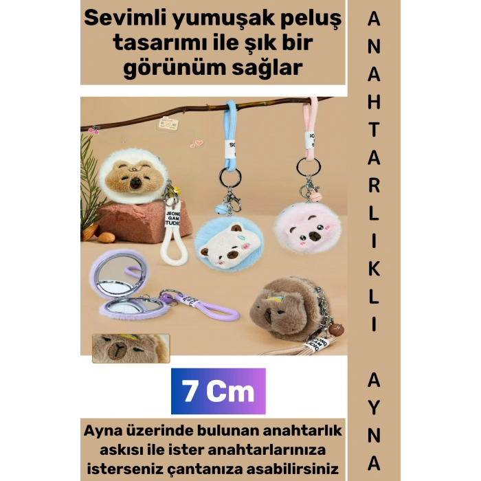 #Ayna Dekoratif Hediyelik Günlük Makyaj Bakım Düzenleme Kontrol Mini Çantaya Takılabilir Cep Boy Yumuşak Çok Şık Sevimli Hayvan Tasarımlı Peluş Anahtarlıklı Ayna 7 Cm