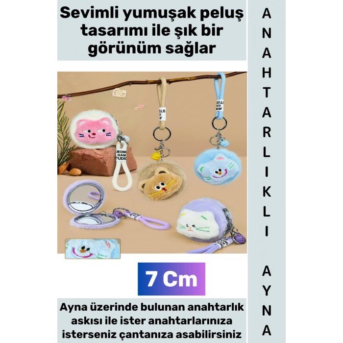 #Ayna Dekoratif Hediyelik Günlük Makyaj Bakım Düzenleme Kontrol Mini Çantaya Takılabilir Cep Boy Yumuşak Çok Şık Sevimli Peluş Hayvan Tasarımlı Anahtarlıklı Ayna 7 Cm