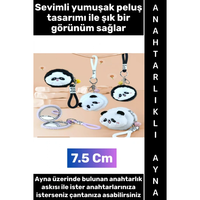#Ayna Dekoratif Hediyelik Günlük Makyaj Bakım Düzenleme Kontrol Mini Çantaya Takılabilir Cep Boy Yumuşak Çok Şık Sevimli Peluş Panda Tasarımlı Anahtarlıklı Ayna 7.5 Cm