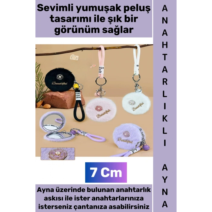 #Ayna Dekoratif Hediyelik Günlük Makyaj Bakım Düzenleme Kontrol Mini Çantaya Takılabilir Cep Boy Yumuşak Çok Şık Sevimli Peluş Anahtarlıklı Ayna 7 Cm