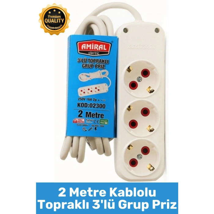 #Priz Premium Hafif Taşınabilir Ev Ofis Atölye Bilgisayar Elektronik Pratik Hızlı Bağlantı Elektrik Kaçaklarına Karşı Güvenli Topraklı 2 Metre Kablolu 3lü Grup Priz