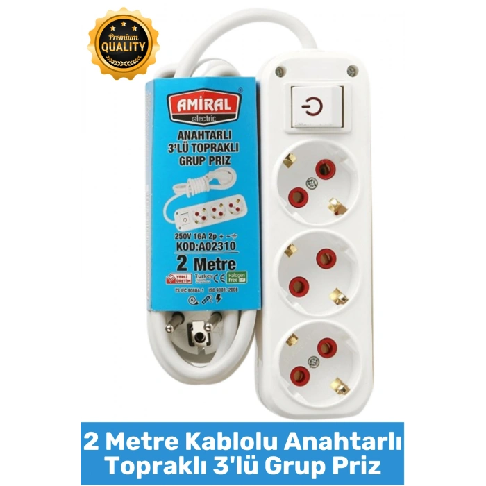 #Priz Premium Hafif Taşınabilir Ev Ofis Atölye Bilgisayar Elektronik Pratik Hızlı Bağlantı Elektrik Kaçaklarına Karşı Güvenli Topraklı Anahtarlı 2 Metre Kablolu 3lü Grup Priz