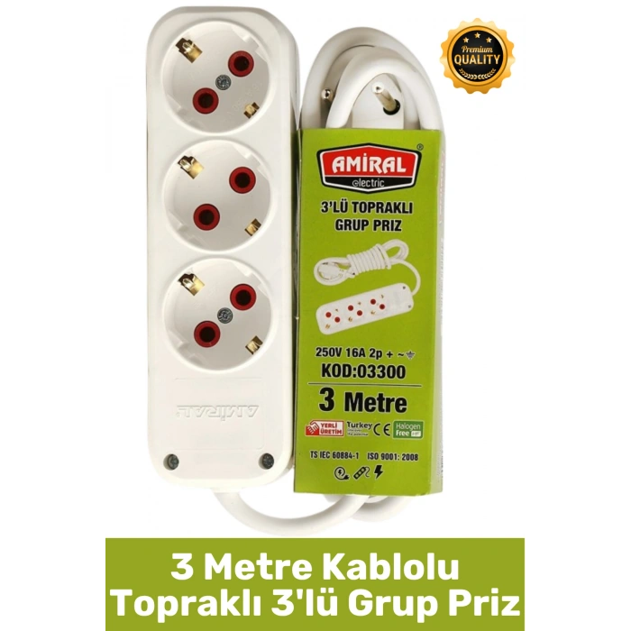 #Priz Premium Hafif Taşınabilir Ev Ofis Atölye Bilgisayar Elektronik Pratik Hızlı Bağlantı Elektrik Kaçaklarına Karşı Güvenli Topraklı 3 Metre Kablolu 3lü Grup Priz