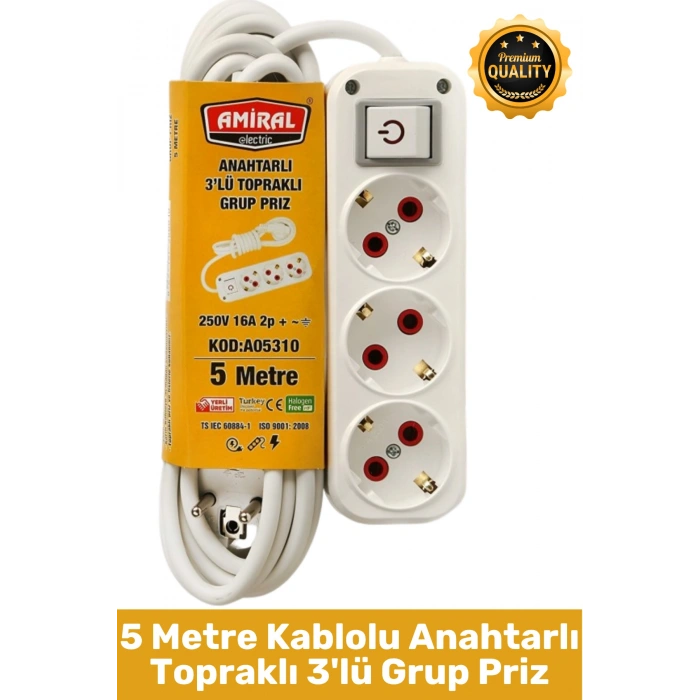 #Priz Premium Hafif Taşınabilir Ev Ofis Atölye Bilgisayar Elektronik Pratik Hızlı Bağlantı Elektrik Kaçaklarına Karşı Güvenli Topraklı Anahtarlı 5 Metre Kablolu 3lü Grup Priz