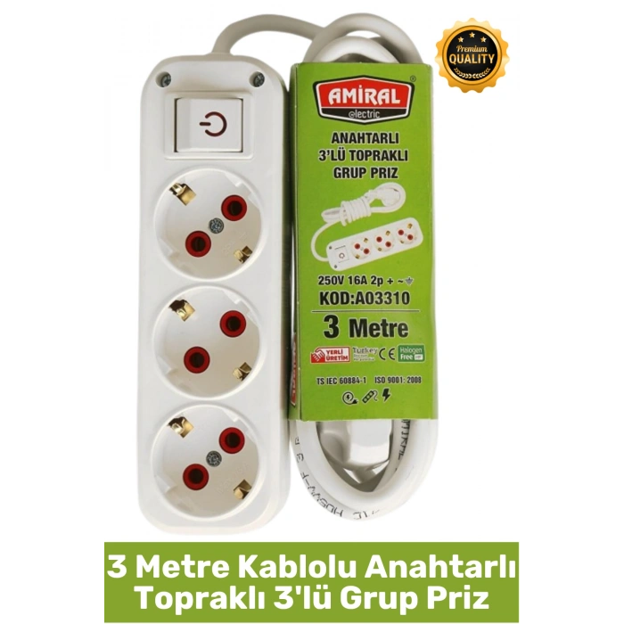 #Priz Premium Hafif Taşınabilir Ev Ofis Atölye Bilgisayar Elektronik Pratik Hızlı Bağlantı Elektrik Kaçaklarına Karşı Güvenli Topraklı Anahtarlı 3 Metre Kablolu 3lü Grup Priz
