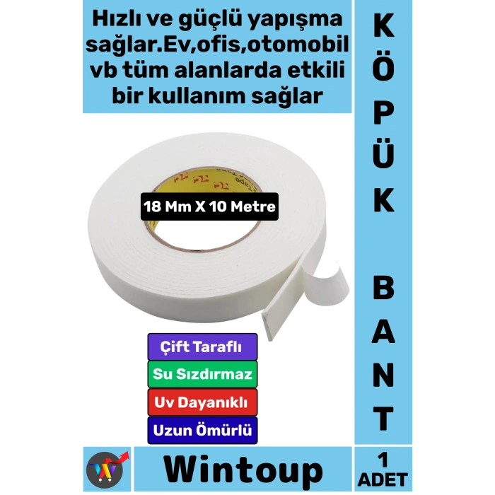 #Bant Profesyonel İç Mekan Süper Güçlü Yapışkan Metal Plastik Duvar Ahşap Boru Araç İçi Vidaya Alternatif Çok Yönlü Kullanım 18 Mm X 10 Metre Çift Taraflı Köpük Bant 1 Adet