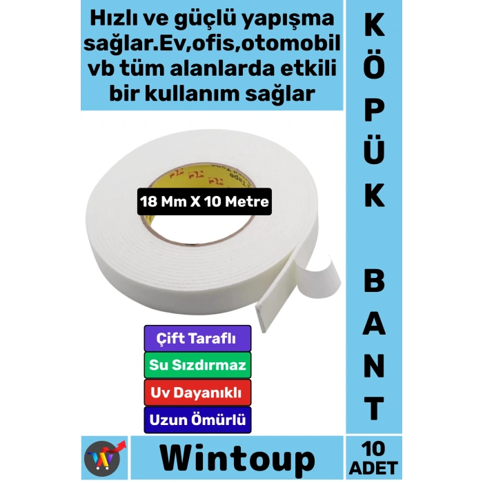 #Bant Profesyonel İç Mekan Süper Güçlü Yapışkan Metal Plastik Duvar Ahşap Boru Araç İçi Vidaya Alternatif Çok Yönlü Kullanım 18 Mm X 10 Metre Çift Taraflı Köpük Bant 10 Adet