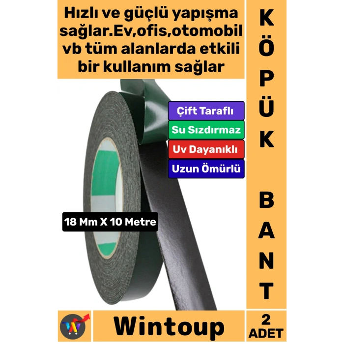 #Bant Profesyonel İç Mekan Süper Güçlü Yapışkan Metal Plastik Duvar Ahşap Boru Araç İçi Vidaya Alternatif Çok Yönlü Kullanım 18 Mm X 10 Metre Çift Taraflı Siyah Köpük Bant 2 Adet