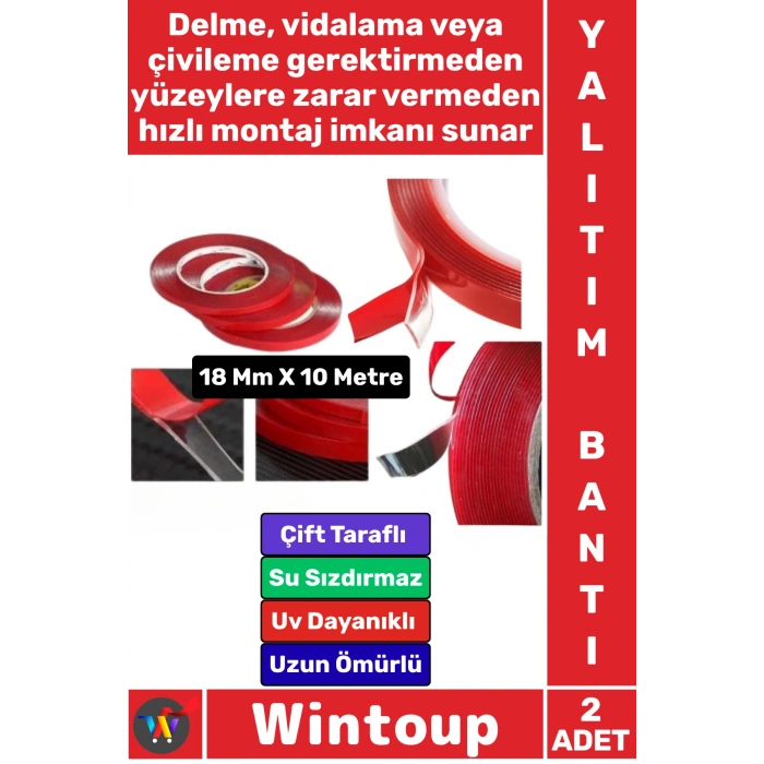#Bant Profesyonel Süper Güçlü Yapışkan Metal Plastik Cam Ahşap Tadilat Araç İçi Vidaya Alternatif Çok Yönlü Kullanım Nano Teknolojili Esnek Akrilik 18 Mm X 10 Metre Çift Taraflı Silikonize Bant 2 Adet