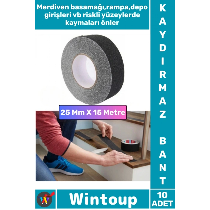 #Bant Profesyonel Ultra Güçlü Yapışkan Isg Iş Yeri Ev Depo Atölye Rampa Kaygan Zemin Merdiven Kayma Önleyici Koruyucu 25 Mm x 15 Metre Siyah Kaydırmaz Bant 10 Adet