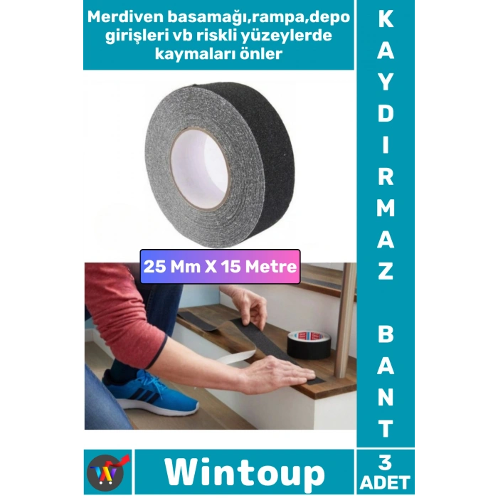 #Bant Profesyonel Ultra Güçlü Yapışkan Isg Iş Yeri Ev Depo Atölye Rampa Kaygan Zemin Merdiven Kayma Önleyici Koruyucu 25 Mm x 15 Metre Siyah Kaydırmaz Bant 3 Adet