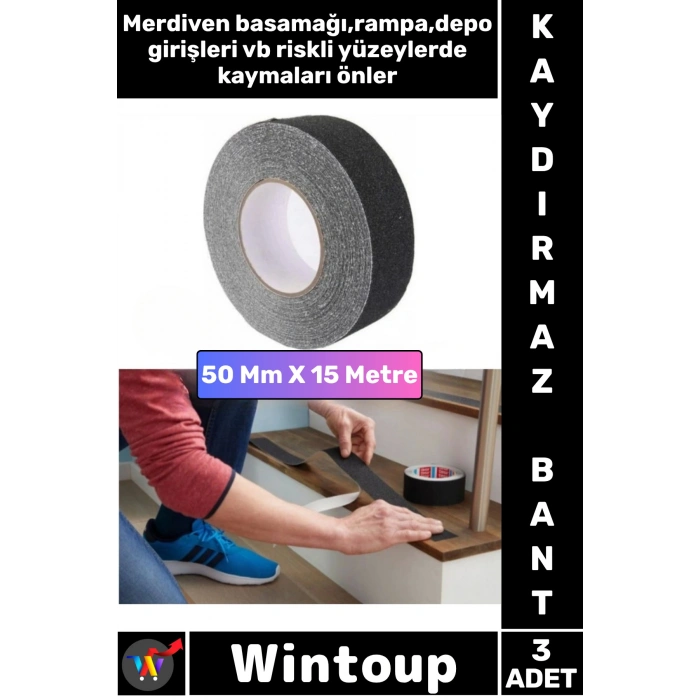 #Bant Profesyonel Ultra Güçlü Yapışkan Isg Iş Yeri Ev Depo Atölye Rampa Kaygan Zemin Merdiven Kayma Önleyici Koruyucu 50 Mm x 15 Metre Siyah Kaydırmaz Bant 3 Adet