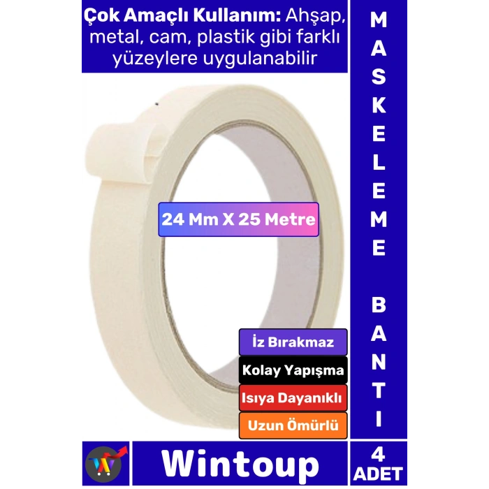 #Bant İz Bırakmaz Isıya Dayanıklı İnce Krep Kağıt Kolay Yapışma Sökülebilme Elle Yırtılabilen Ahşap Metal Cam Plastik Otomotiv Boya Badana 24 Mm X 25 Metre Maskeleme Bantı 4 Adet