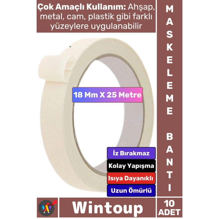 #Bant İz Bırakmaz Isıya Dayanıklı İnce Krep Kağıt Kolay Yapışma Sökülebilme Elle Yırtılabilen Ahşap Metal Cam Plastik Otomotiv Boya Badana 18 Mm X 25 Metre Maskeleme Bantı 10 Adet
